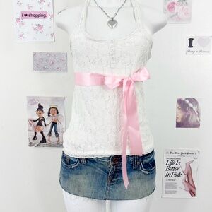 TALULA Vintage Y2K Lace Halter Top White XXS/TP — Fairycore / Coquette Aesthetic